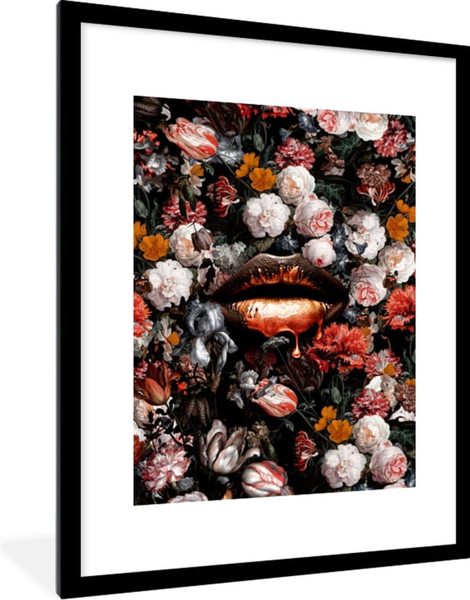 Fotolijst incl. Poster - Lippen - Bloemen - Verf - Oranje - Kunst - Abstract - Oude meesters - 60x80 cm - Posterlijst