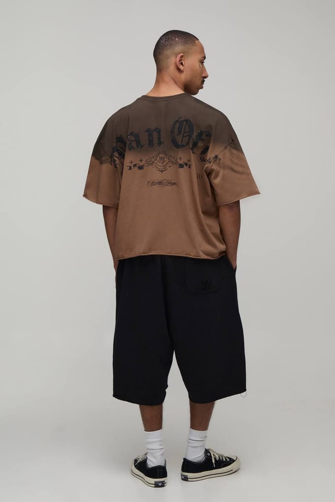 Oversized Boxy Heavyweight Washed Distressed Rhinestone T-Shirt | Brown | Size Large