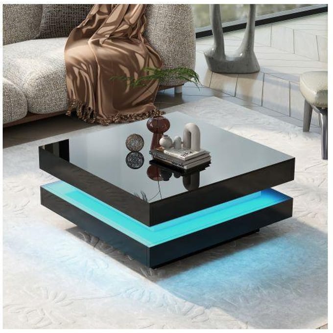 Table basse carrée noire - style technologique moderne avec éclairage LED 16 couleurs, 70x70x36 cm, charge max. 45 kg