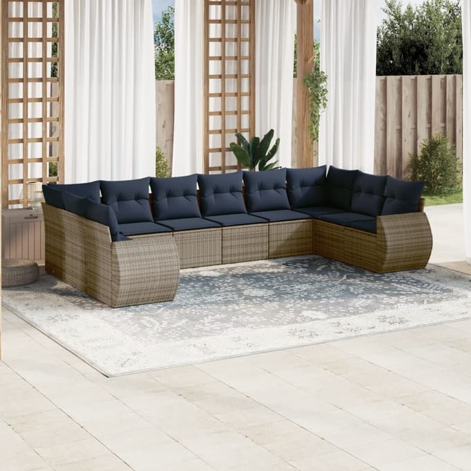 vidaXL - 10-delige - tuinbankset - met - kussens, - grijs - polyrotan