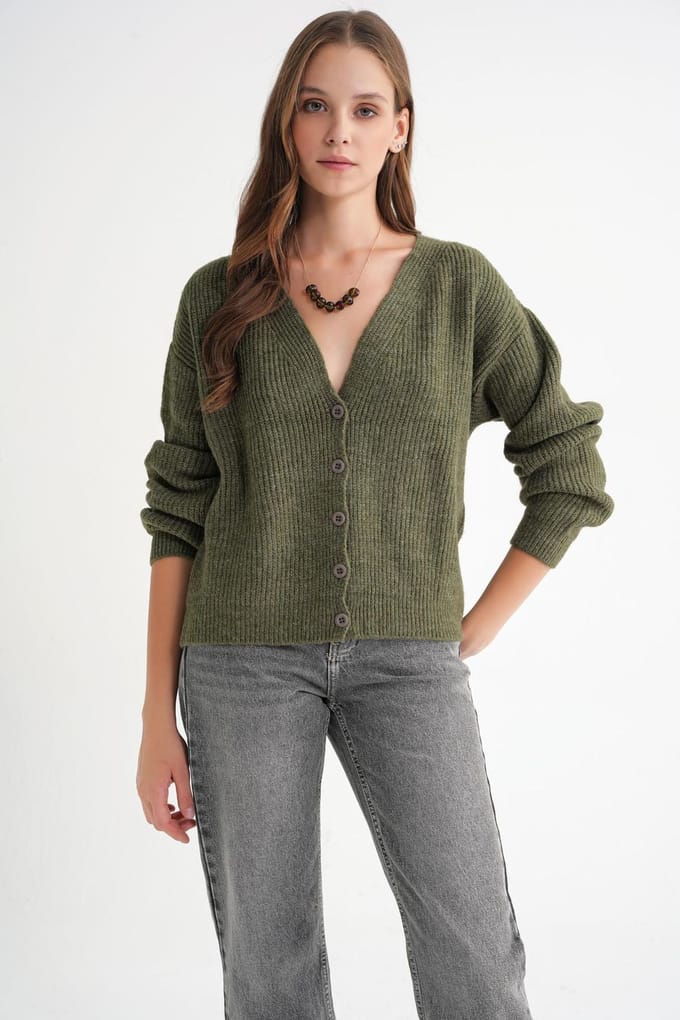 Gestructureerde V-hals Knopen Cardigan