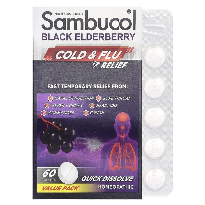 Sambucol, zwarte vlierbes, verlichting bij verkoudheid en griep, 60 tabletten