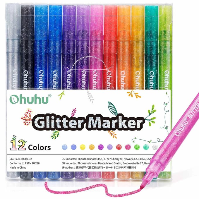 Ohuhu - Glitter Metallic Marker Pens - 0.7 mm – set van 12