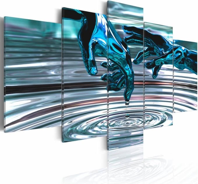 Schilderij - Water cirkels , hand , blauw grijs , 5 luik