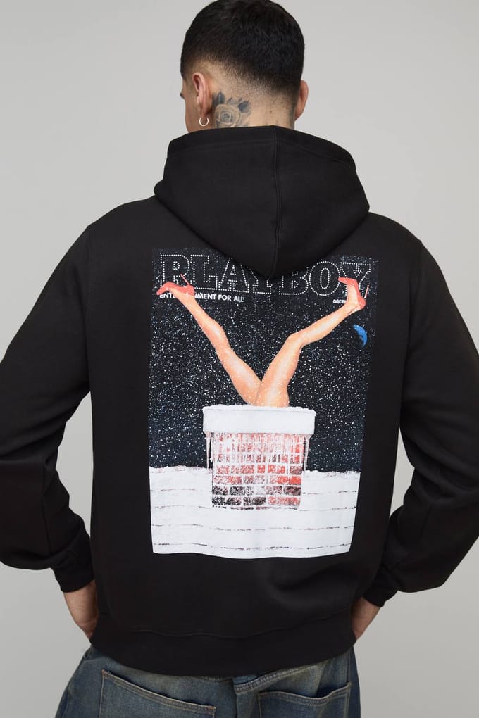 Tall Oversized Playboy Christmas License Printed Hoodie | Black | Size Small