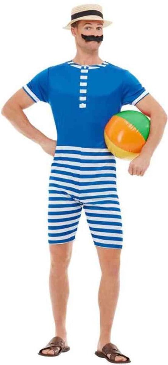 Smiffys - 20s Bathing Suit Kostuum - L - Blauw/Wit