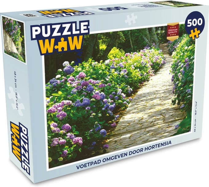 Puzzel Voetpad omgeven door hortensia - Legpuzzel - Puzzel 500 stukjes