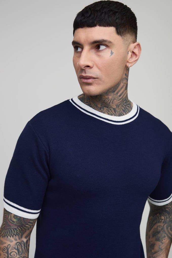 Lang Getailleerd Gebreid T-shirt Van Katoenmix Met Getipt Detail | Navy | Size Medium