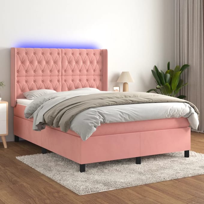 vidaXL - Boxspring - met - matras - en - LED - fluweel - roze - 140x200 - cm