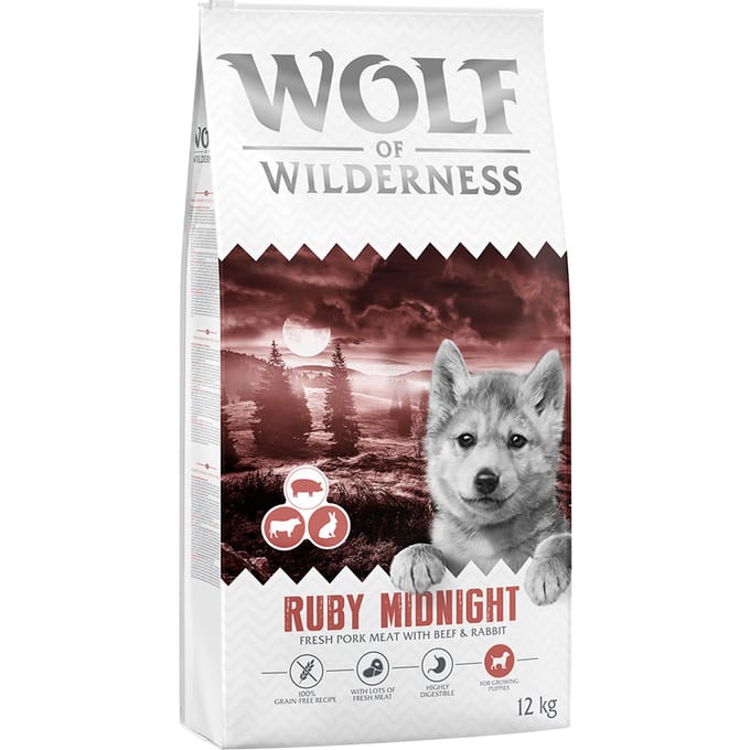 2x 12kg Wolf of Wilderness Junior Ruby Midnight Rund & Konijn graanvrij droogvoer voor honden