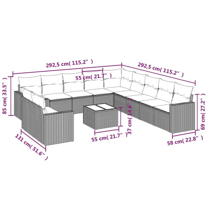 vidaXL - 12-delige - Loungeset - met - kussens - poly - rattan - beige