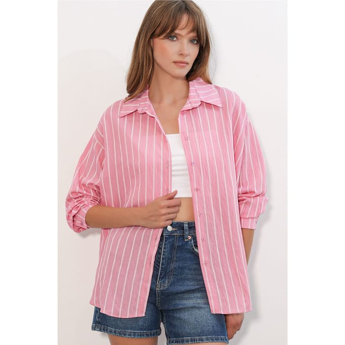 Gestreepte Oversized Blouse met Knopsluiting