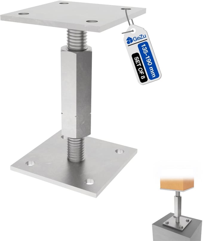 GeZu Impex Paalhouder Hoogte Verstelbare 100 x 100 mm | 140-190 mm | Lange moer + borgmoer set van 8 Gegalvaniseerd