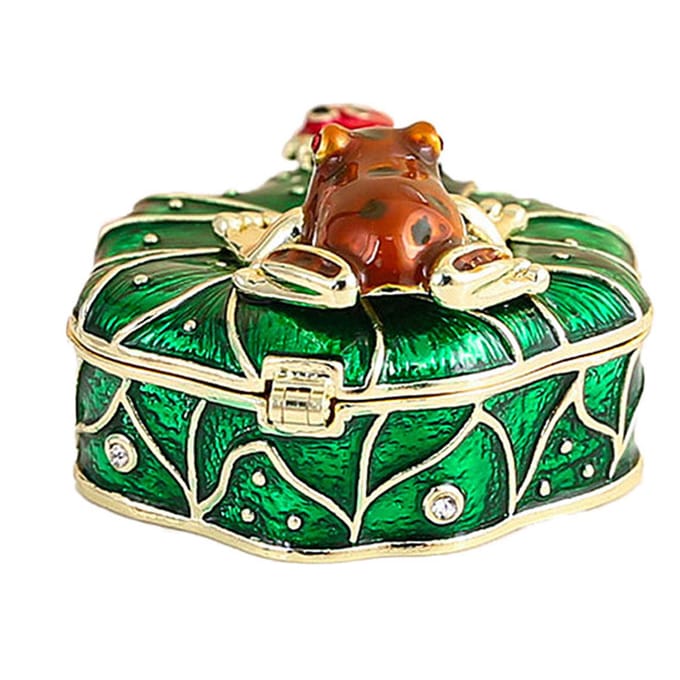 Kikker op Blad Snuisterijdoos Emaille Sieradendoosje met Strass Natuur Thema Decoratieve Opbergdoos Groen groen