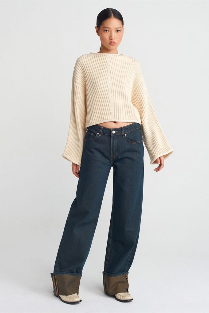 Midden taille brede pijpen katoen denim jeans