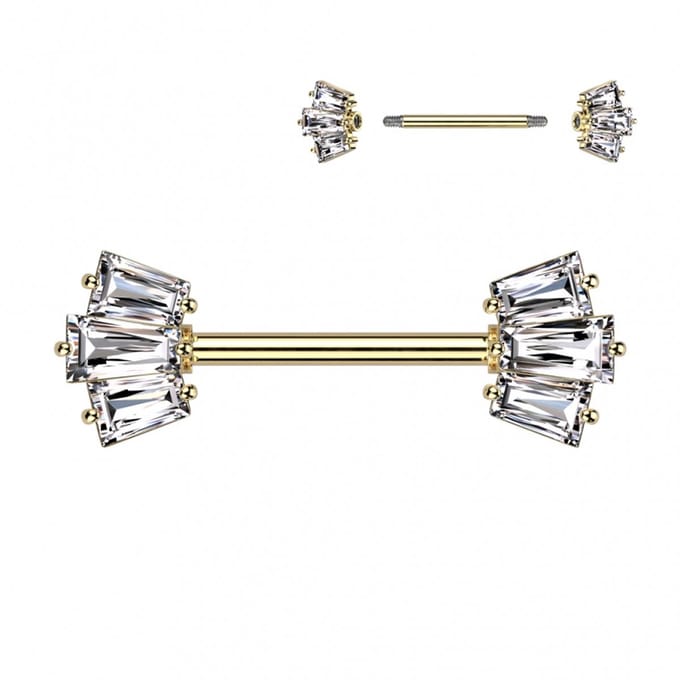 Tepelpiercing PVD 5 Baguette prong-set crown ends 1.6x14 - goud - LMPiercings