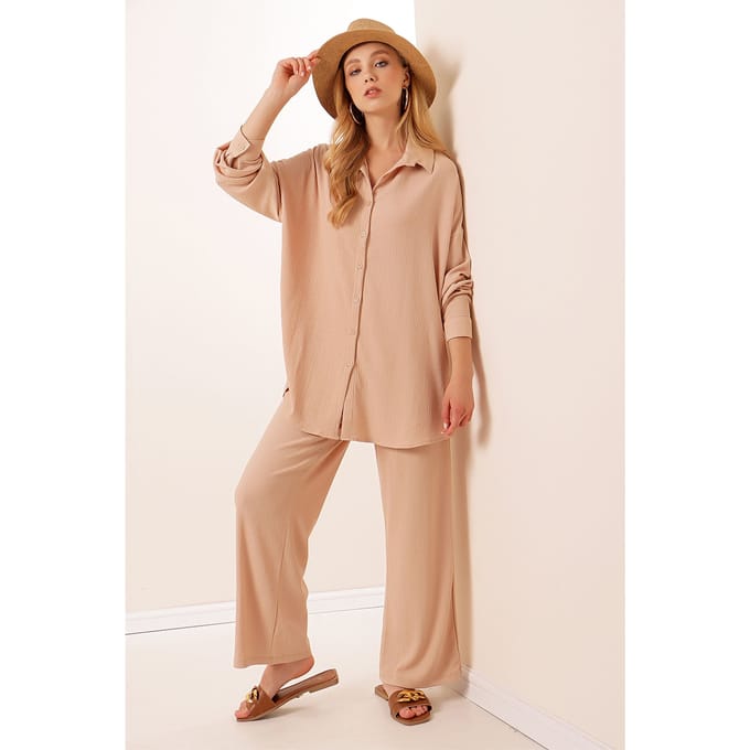Gestructureerde Lange Mouwen Gebreide Blouse & Broek Gebreide Set