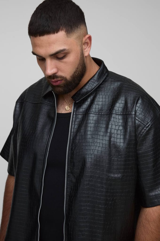 Plus Croc PU Zip Up Shirt | Black | Size 3XL