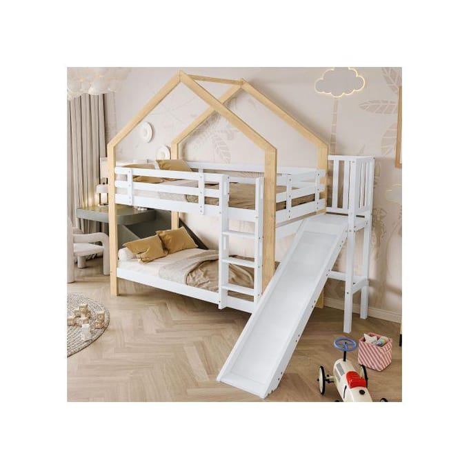 Stapelbed - MUVOE - Huis met glijbaan - Gebogen ladder - Massief hout - 2 persoons wit