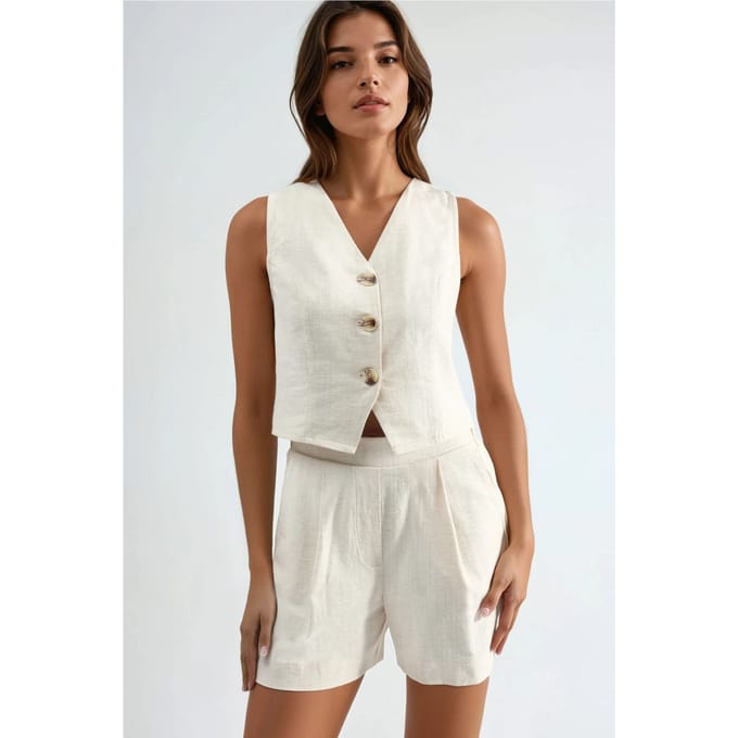 Linnenmix Vest en Shorts Twee-Piece Set