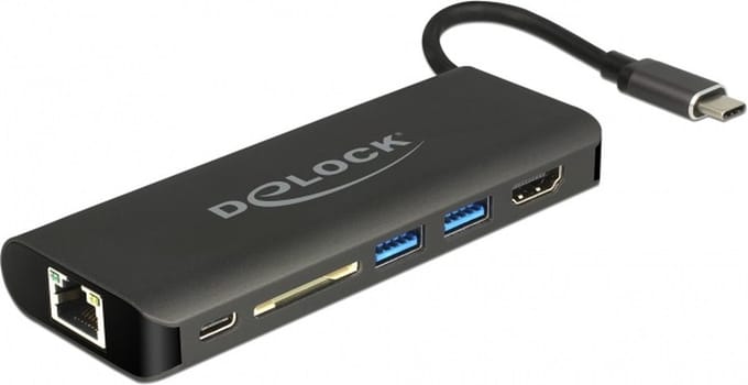Premium USB-C naar HDMI, 2x USB-A, USB-C PD, RJ45 en SD/MMC adapter met DP Alt Mode (4K 30 Hz) / zwart - 0,15 meter