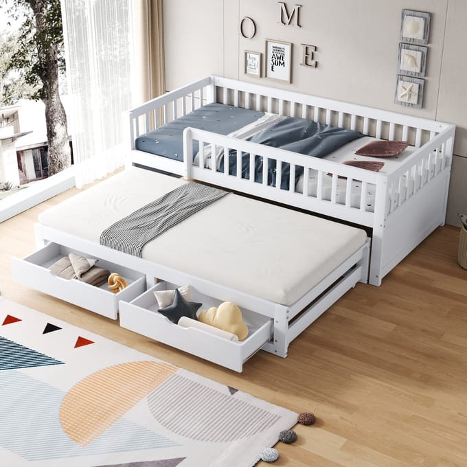 MODFU Bedframe 90x200 cm – Wit hout – Met uitschuifbed & 2 laden – Veiligheidsrand – Kindermeubel