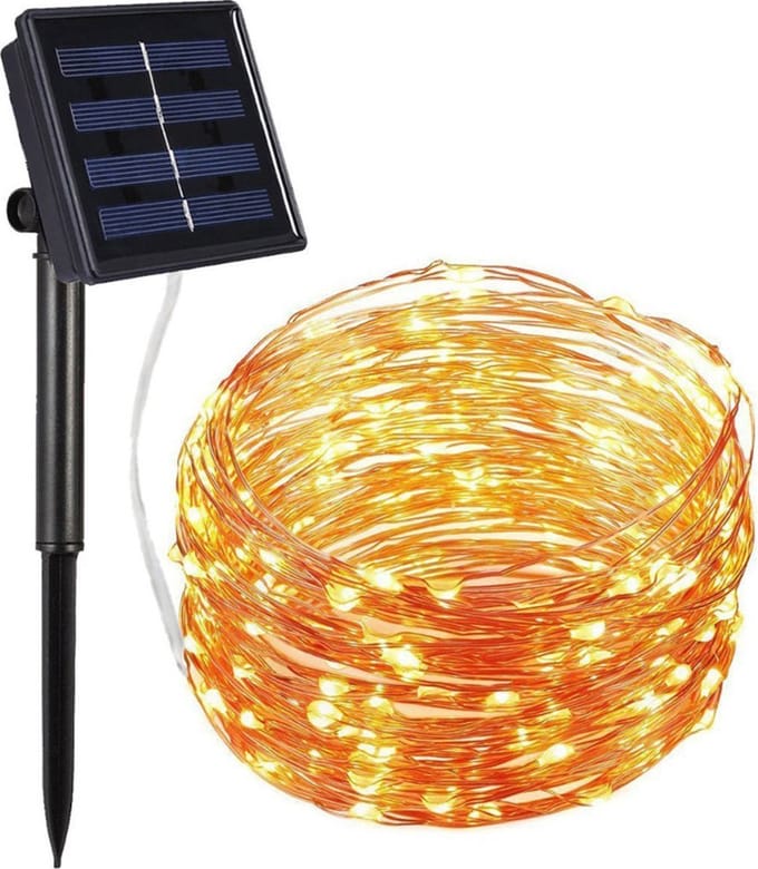 Kerstverlichting op zonne-energie, LED string van 10 meter & 100 lampjes. Warm Wit licht.