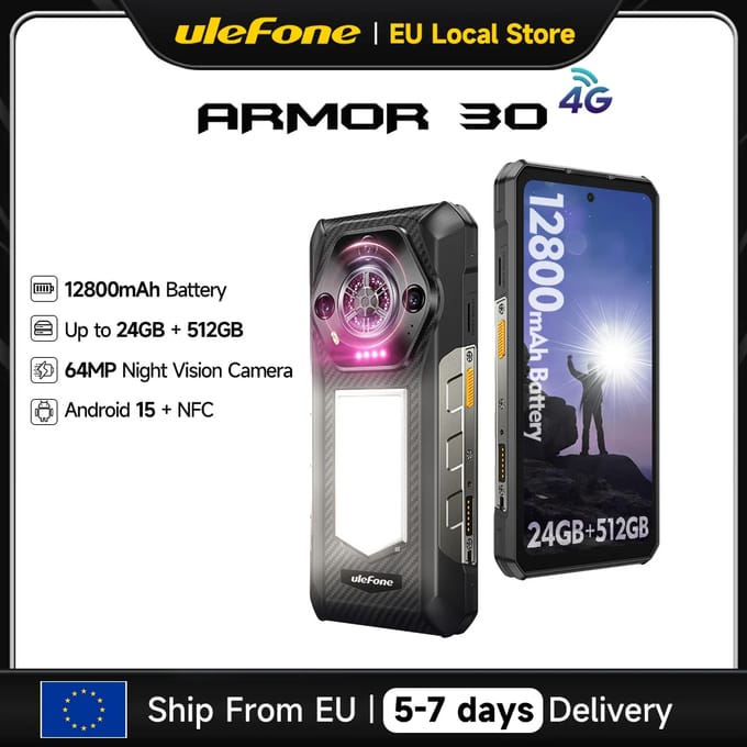 Ulefone Armor 30 Robuuste Telefoon 12800mAh 24GB+512GB Smartphone 120Hz Android 15 NFC Nachtcamera