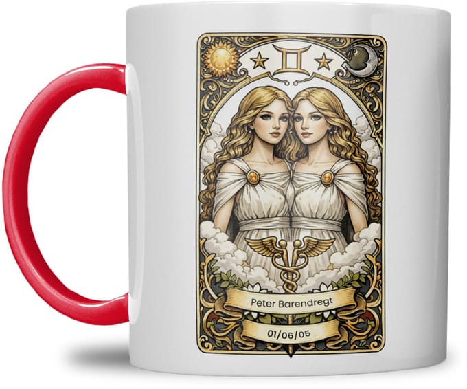 Sterrenbeeld mok - Tweeling - Rood - Tarot mok - Gepersonaliseerd met naam en datum