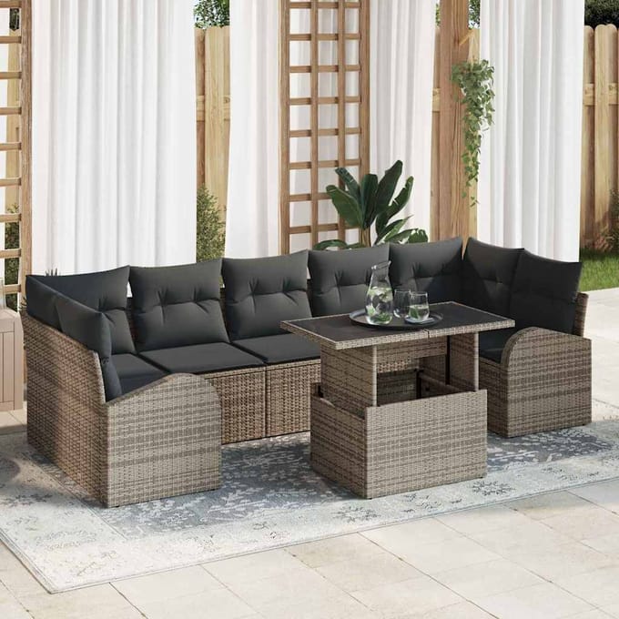 vidaXL Tuinbank Set met kussen met opslag 8 pcs Grijs Poly Riet