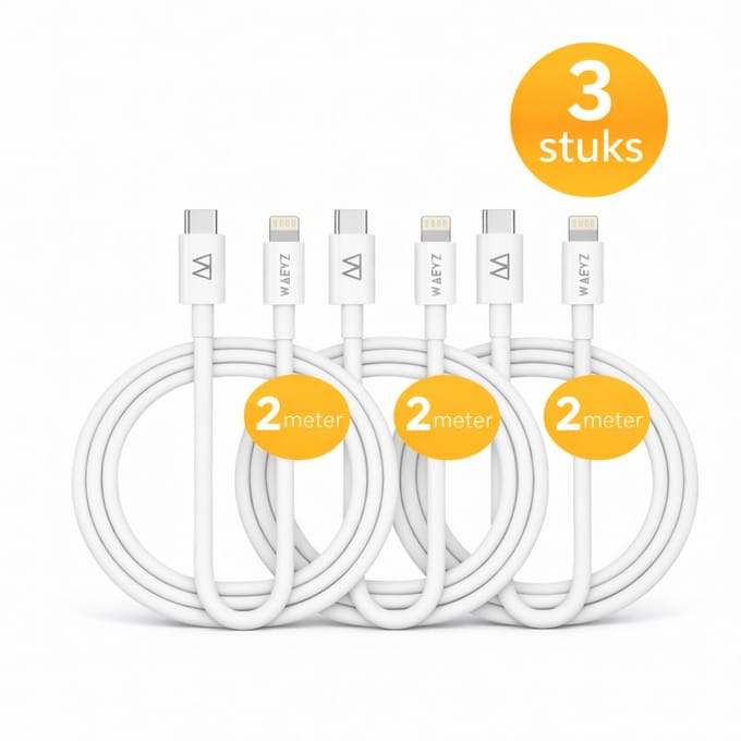 WAEYZ 3 Stuks USB-C kabel naar Compatible Lightning aansluiting 2 Meter – Snellaad Oplaadkabel – Geschikt voor iPhone & iPad met Lightning aansluiting