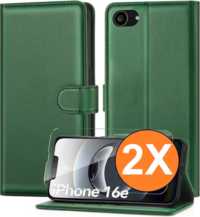 Hoesje Geschikt voor iPhone 16e / iPhone 17e hoesje bookcase Groen met screenprotectors 2 stuks