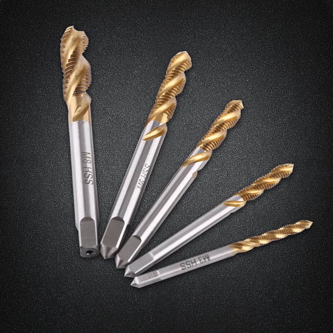 Lot de 5 tarauds à filetage hélicoïdal HSS revêtus de titane M3 M4 M5 M6 M8