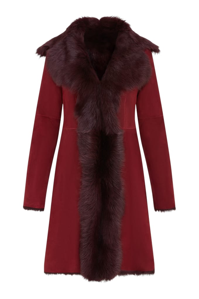 Dames trenchcoat van bordeauxrood Toscaans schapensuèdeleer - Celeste