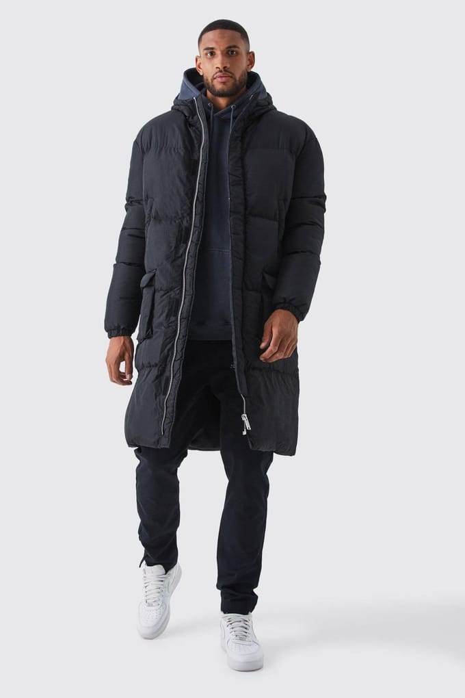 Lang 4-zak lange capuchon pufferjas in zwart | Black | Size Small