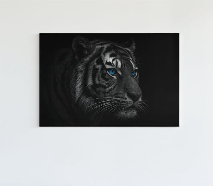 Canvas Schilderij Dieren - Tijger met Blauwe Ogen - Wall Art - 90x60 cm