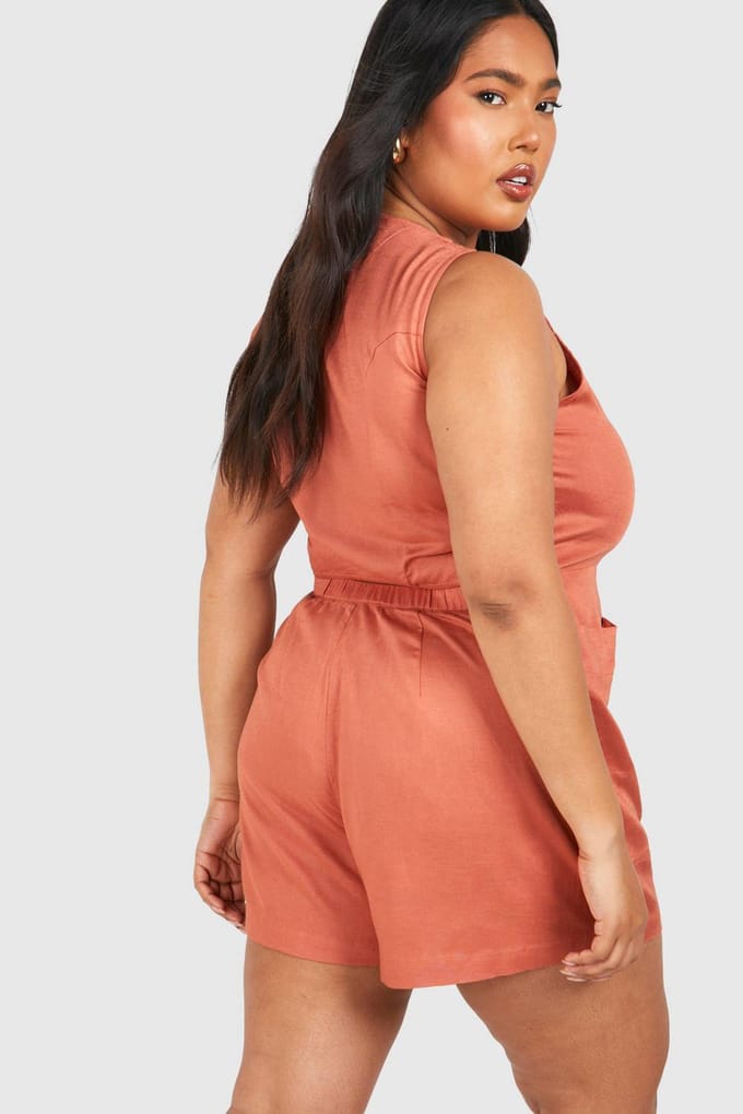 boohoo Dames Plus Geweven Getailleerde Button Down Playsuit | Terracotta | Maat: 56