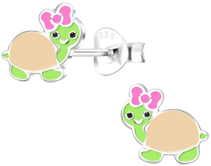 Joy|S - Zilveren schildpad oorbellen - met roze strikje - 9 x 8 mm - sterling zilver 925 - kinderoorbellen