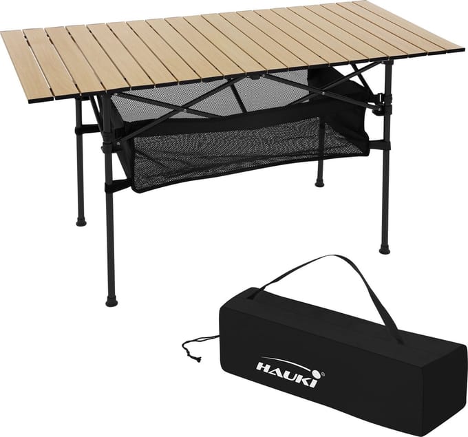 Hauki Outdoor serie opvouwbare campingstoel beige met buisvormig stalen frame bekerhouder draagtas armleuningen lichtgewicht gewatteerde zitting belastbaar tot 150kg comfortabele vouwstoel voor vissen kamperen tuin reizen strand buitengebruik