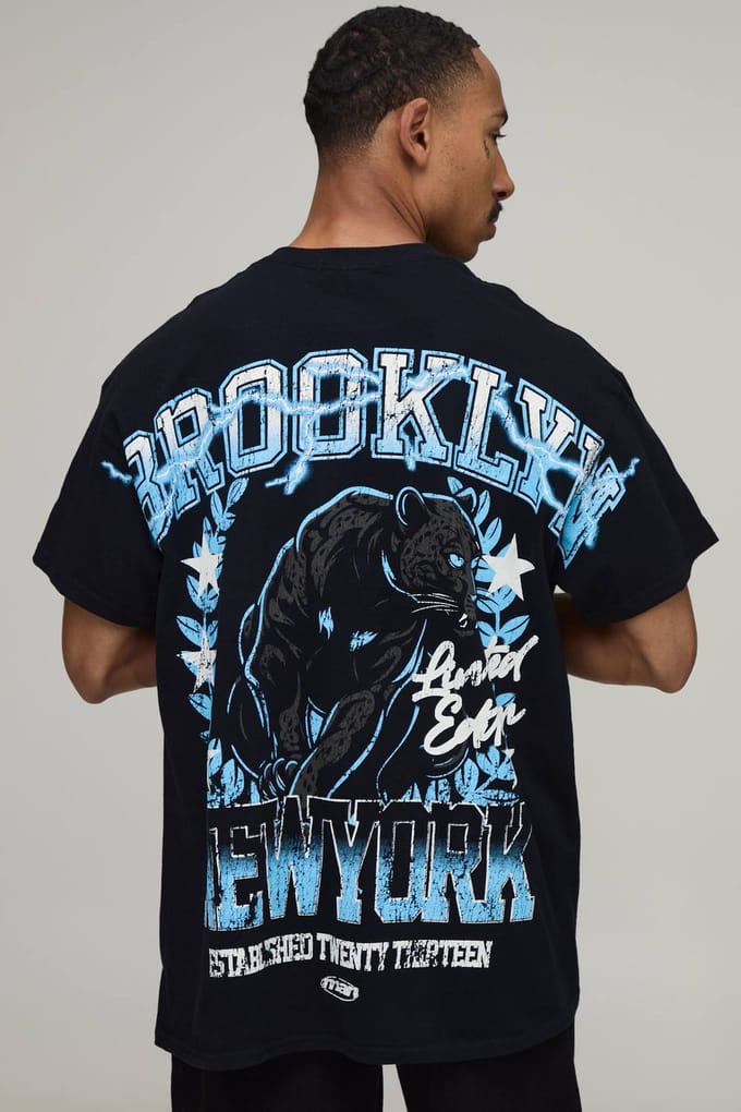 Zwart Oversized Brooklyn T-shirt Met Print Over De Naden | Black | Size XL