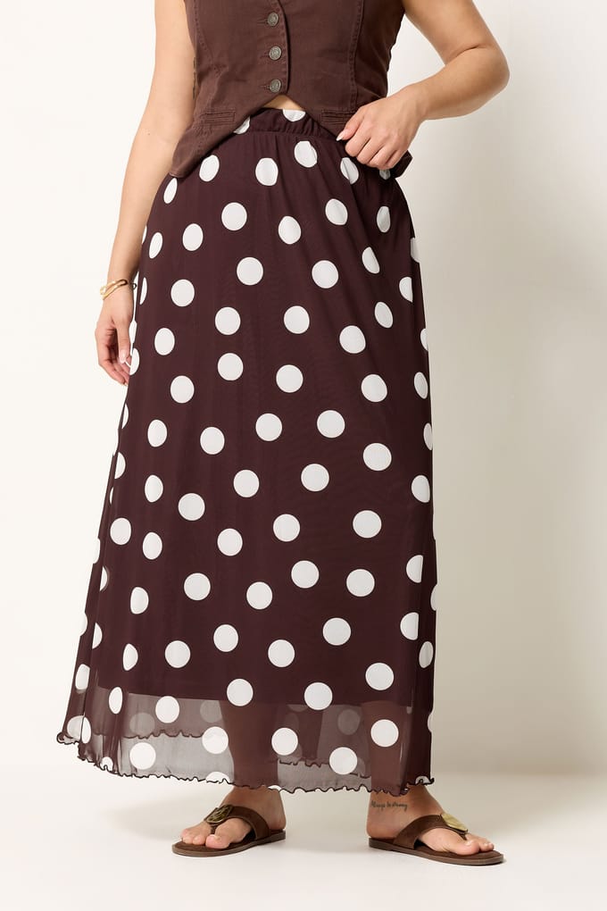 Yours Chocoladebruine Mesh Rok Met Polka Dots Size 50
