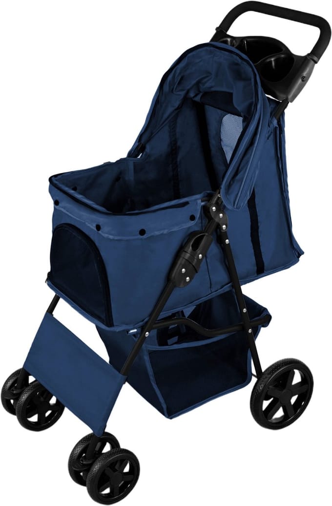 Hondenbuggy met regenhoes - marineblauw - 101cm - opvouwbaar