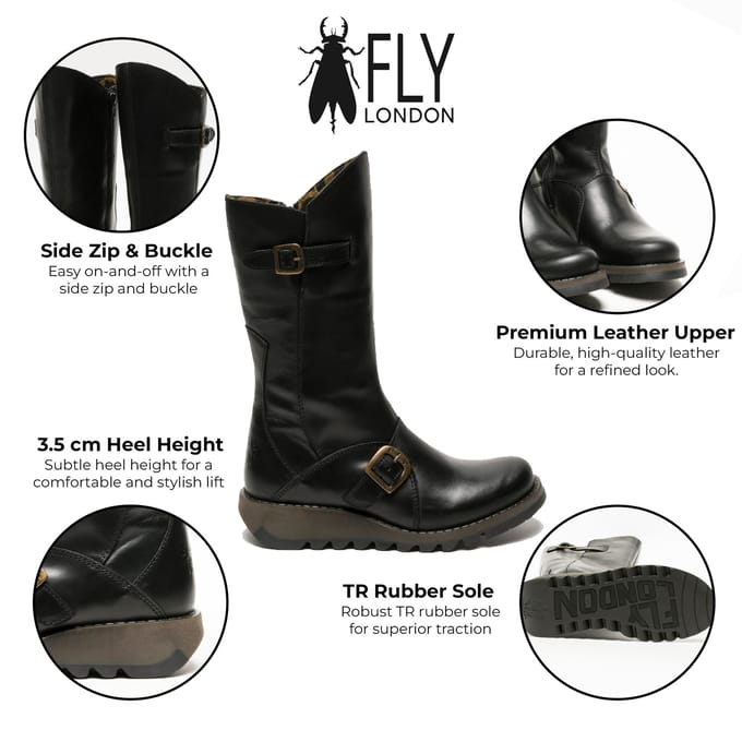 Fly London Dames Zwarte MES 2 Wedge Heel Buckle Mid-Calf Leren Zip Platform Laarzen