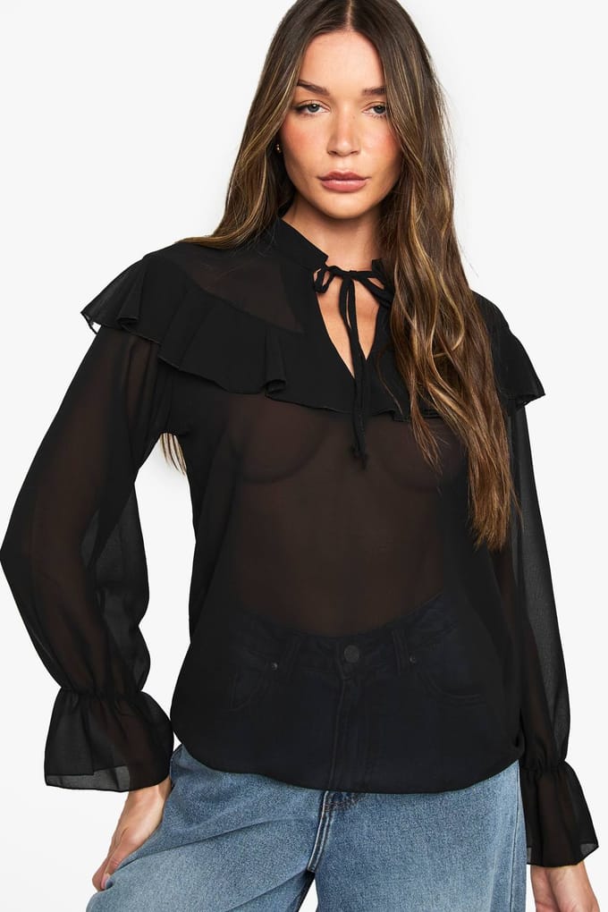 boohoo Dames Ruffle Blouse | Black | Maat: 6