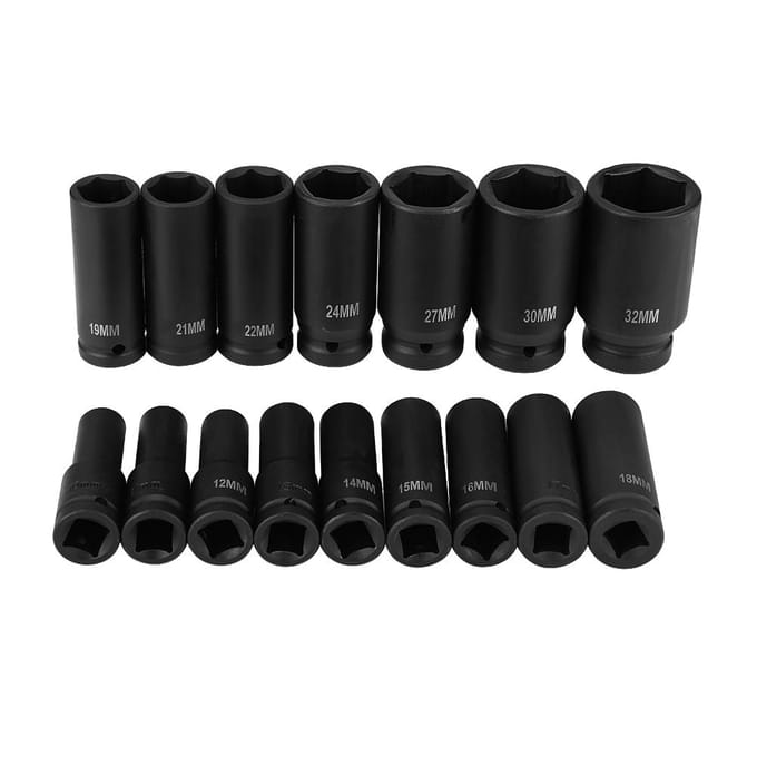 16 Delen 12  Inch Aandrijving Lucht Zeskant Bit Dop Set Reparatie Gereedschapskist 10MM32MM zwart