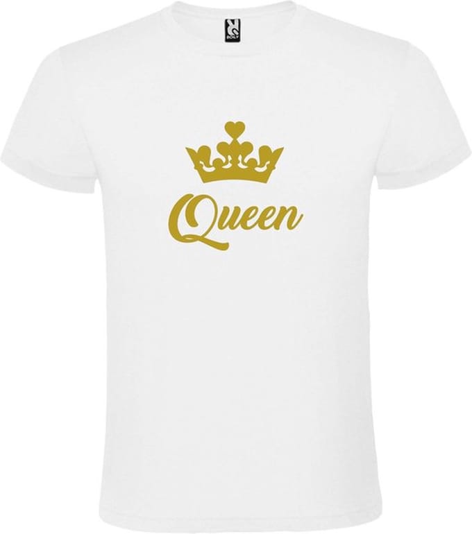 Wit T shirt met print van "Queen " print Goud size XL