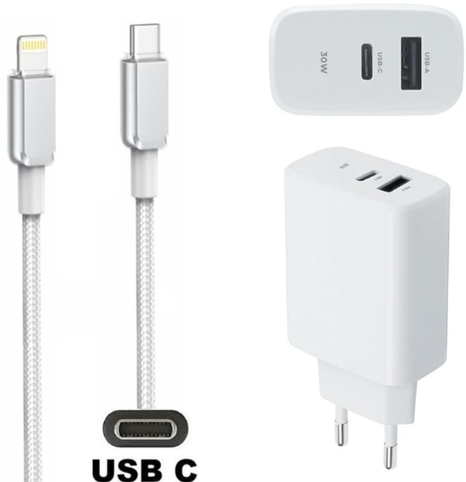 OneOne 30W super snellader met 2 poorten + 1,0m OneOne USB C naar Lightning kabel. PD lader. Oplader adapter past op Apple iPhone SE 2, iPhone 8, iPhone 8 Plus, iPhone 10, iPhone X, iPhone XR, iPhone XS, iPhone XS Max, iPhone 11