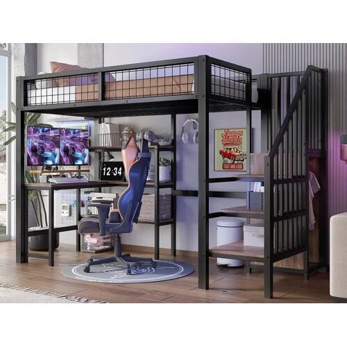 ModernLuxe Hoogslaper 90x200 cm - ijzeren frame - met bureau en planken - Zwart