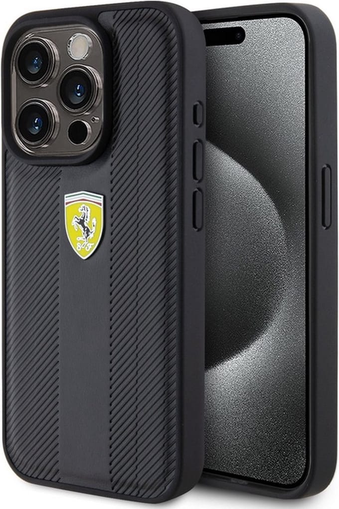 Ferrari Hot Stamp Groove Pattern Back Case - Geschikt voor Apple iPhone 15 Pro (6.1") - Zwart