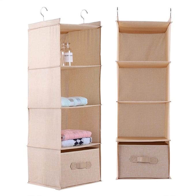 Organisateur de Placard Suspendu Rangement Vêtements 4 Étagères avec Tiroir (Beige) brown
